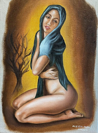 Painting titled ""Janara"" by Alessio Papa, Original Artwork, Oil Mounted on Wood Stretcher frame