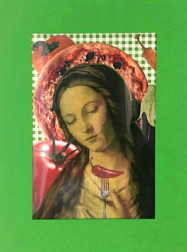 Collages intitulée "Santa Pizza" par Alessio Brugnoli Colors, Œuvre d'art originale, Collages Monté sur Autre panneau rigide