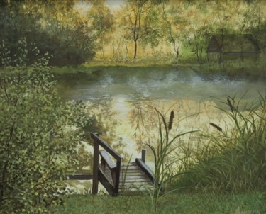 Painting titled "Сreek in reeds" by Alevtina Pugina, Original Artwork, Oil