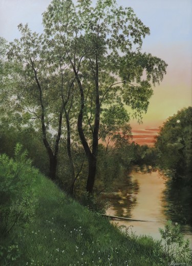 Peinture intitulée "Sunset on the River" par Alevtina Pugina, Œuvre d'art originale, Huile