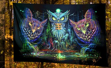 Digital Arts titled "Forest art "Owls" U…" by Alex Anahart, Original Artwork, Fabric