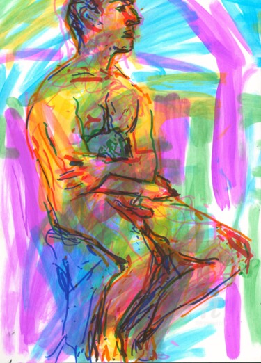 Drawing titled "Sitting nude 2" by Alex Buzunov, Original Artwork, Marker