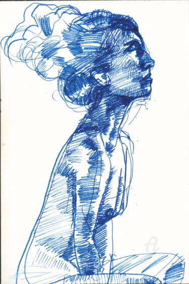 Drawing titled "Sitting nude II" by Alex Buzunov, Original Artwork, Marker