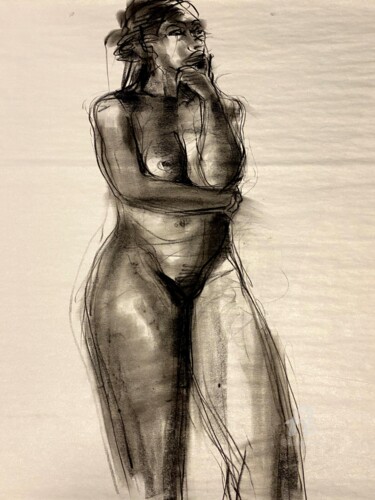 Drawing titled "Thinking nude" by Alex Buzunov, Original Artwork, Charcoal