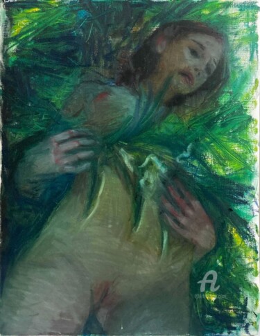 Desenho intitulada "Nude in Bushy Leaves" por Alex Buzunov, Obras de arte originais, Pastel