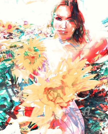 Arte digitale intitolato "Girl with sunflowers" da Alex Buzunov, Opera d'arte originale, Fotomontaggio