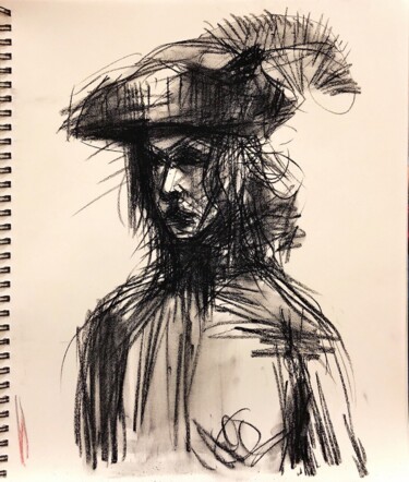 Drawing titled "Woman in a hat." by Alex Buzunov, Original Artwork, Charcoal