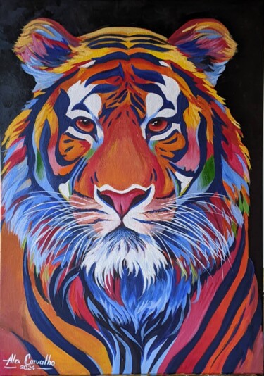 Картина под названием "Tigre moderno color…" - Alex Carvalho, Подлинное произведение искусства, Акрил Установлен на Деревянн…