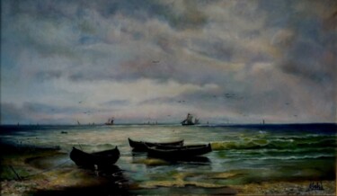 Картина под названием "Sailing ships and b…" - Alex Gebel, Подлинное произведение искусства, Масло