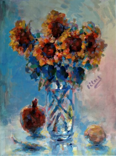 Картина под названием "Sunflowers with fru…" - Alex Klas, Подлинное произведение искусства, Акрил Установлен на Деревянная р…