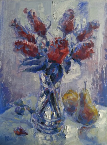 Painting titled "Roses and Pears by…" by Alex Klas, Original Artwork, Oil Mounted on Wood Stretcher frame