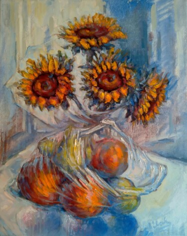Painting titled "Sunflowers and frui…" by Alex Klas, Original Artwork, Oil Mounted on Wood Stretcher frame