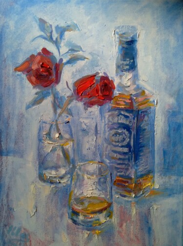 Schilderij getiteld "Shot glass of Jack" door Alex Klas, Origineel Kunstwerk, Olie Gemonteerd op Frame voor houten brancard