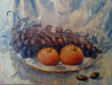 Painting titled "Still Life with Gra…" by Alex Klas, Original Artwork, Oil Mounted on Wood Stretcher frame