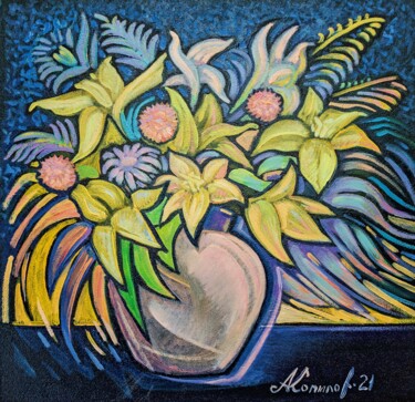 Painting titled "NIGHT BOUQUET" by Alex Kopylov, Original Artwork, Oil Mounted on Wood Stretcher frame