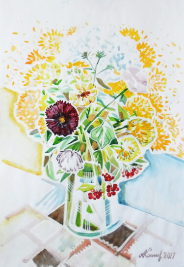 Painting titled "BOUQUET. AUGUST" by Alex Kopylov, Original Artwork, Watercolor Mounted on Cardboard