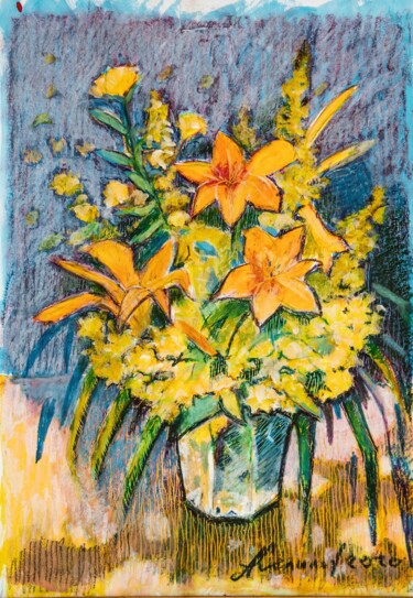 Painting titled "LILIES" by Alex Kopylov, Original Artwork, Pastel Mounted on Cardboard