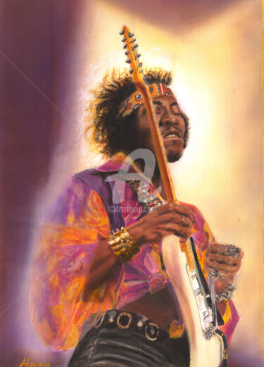 Peinture intitulée "Jimi Hendrix  - FIre" par Alex Mets, Œuvre d'art originale, Acrylique