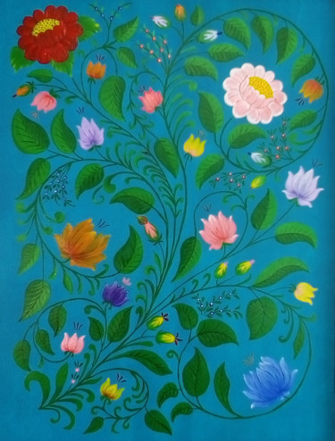 Painting titled "Flowers on a turquo…" by Alexander Samokhval, Original Artwork, Acrylic
