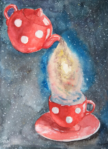 Painting titled "Space tea" by Alex Vainova, Original Artwork, Watercolor
