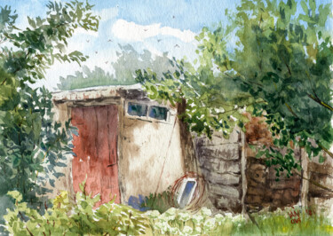 Pintura intitulada "Old barn in the cou…" por Alex Vainova, Obras de arte originais, Aquarela