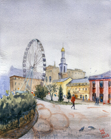Malerei mit dem Titel "Ferris wheel on Kon…" von Alex Vainova, Original-Kunstwerk, Aquarell