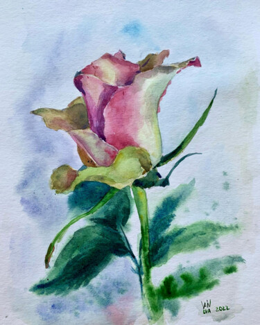 Painting titled "Rose in war spring" by Alex Vainova, Original Artwork, Watercolor