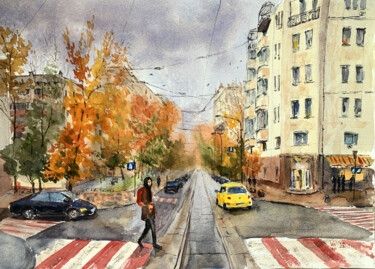 Картина под названием "Yellow car on Kiev…" - Alex Vainova, Подлинное произведение искусства, Акварель