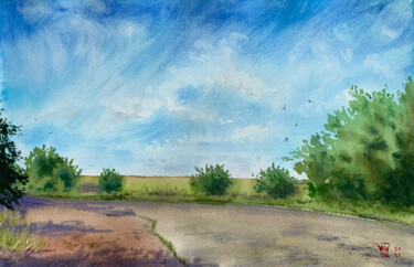 Pintura titulada "Road along the corn…" por Alex Vainova, Obra de arte original, Acuarela