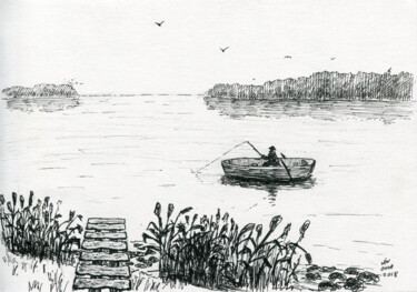 Zeichnungen mit dem Titel "fisherman on the la…" von Alex Vainova, Original-Kunstwerk, Tinte