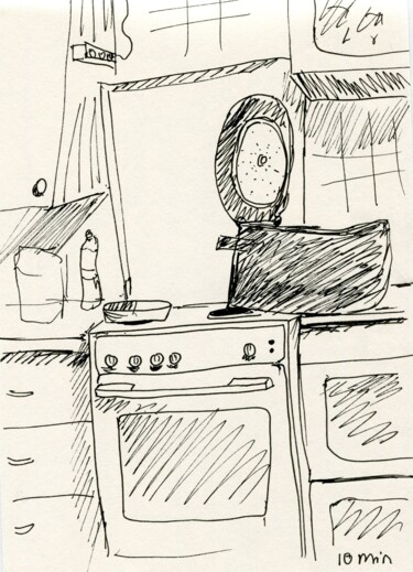 Drawing titled "kitchen. 10 min ske…" by Alex Vainova, Original Artwork, Ink