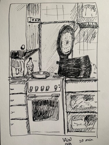 Drawing titled "kitchen. 20 min ske…" by Alex Vainova, Original Artwork, Ink