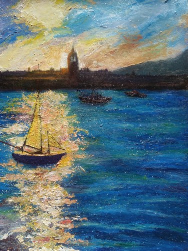 Summer sunset, acrylic art painting 30×40cm Peinture intitulée "Summer sunset, acry…" par Alexander Brisac, Œuvre d'art originale, Acrylique