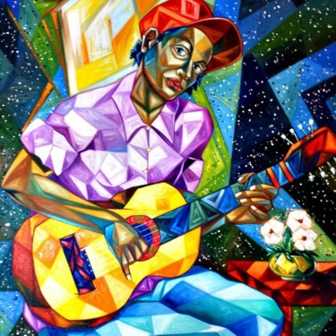 Painting titled "El Guitarrista" by Alex Gracia, Original Artwork, Oil