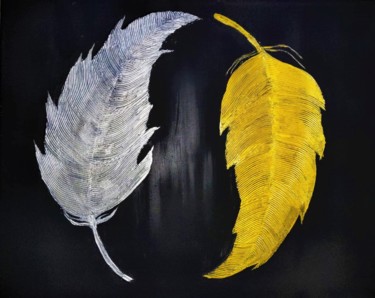 Картина под названием "Yin Yang Feathers" - Alexandra Astafyeva, Подлинное произведение искусства, Акрил Установлен на Дерев…