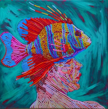 Painting titled "Fish as a Head Piece" by Alexandra Finkelchtein, Original Artwork, Acrylic