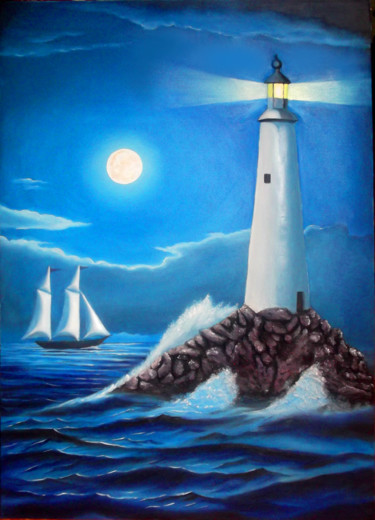 Painting titled "El faro" by Alexander Arias, Original Artwork, Oil