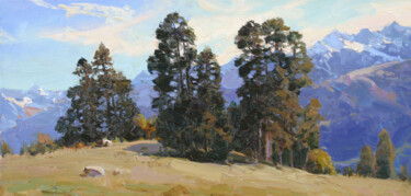 Painting titled "Pine trees in Arkhyz" by Alexander Babich, Original Artwork, Oil