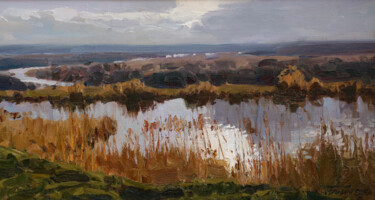 Painting titled "By the pond" by Alexander Babich, Original Artwork, Oil