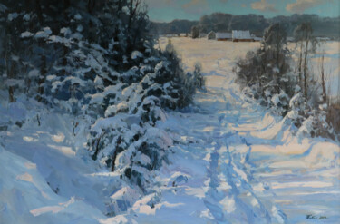 Painting titled "Snowing morning" by Alexander Babich, Original Artwork, Oil