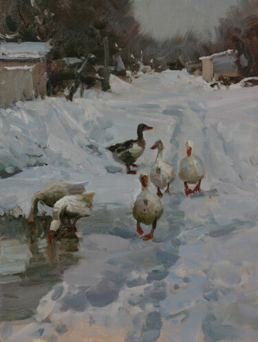 Malerei mit dem Titel "Geese in the snow" von Alexander Babich, Original-Kunstwerk, Öl