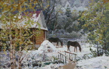 Картина под названием "Лошадки. Первый снег" - Alexander Babich, Подлинное произведение искусства, Масло