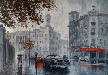 Malarstwo zatytułowany „Rain. The street. O…” autorstwa Александр Болотов, Oryginalna praca, Olej