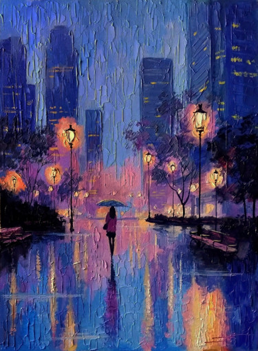 Blue twilight. Skyscrapers. Painting titled "Blue twilight. Skys…" by Александр Болотов, Original Art, Oil