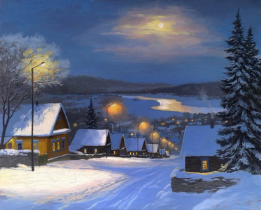 Pittura intitolato "Winter Evening in a…" da Aleksandr Bolotov, Opera d'arte originale, Olio