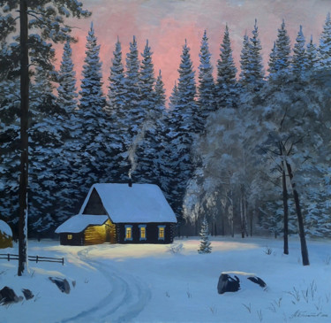 Painting titled "Cabin in the Woods" by Aleksandr Bolotov, Original Artwork, Oil