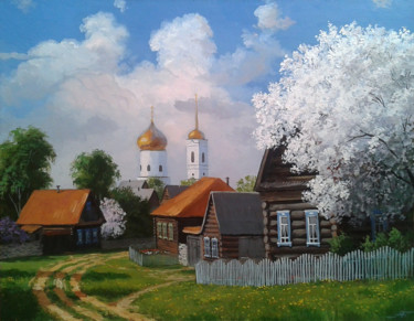 Painting titled "Spring in a village…" by Aleksandr Bolotov, Original Artwork, Oil