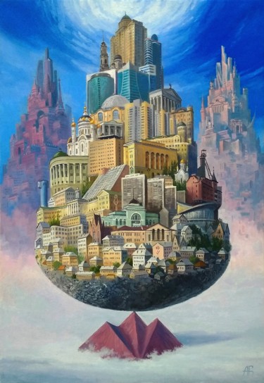 Painting titled "City on Three Mount…" by Aleksandr Bolotov, Original Artwork, Oil