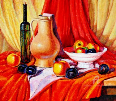 Painting titled "Красный натюрморт" by Alexander Breskin, Original Artwork, Oil Mounted on Wood Stretcher frame
