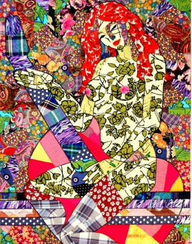 Collages getiteld "Девушка с гитарой" door Alexander Breskin, Origineel Kunstwerk, Stof Gemonteerd op Karton